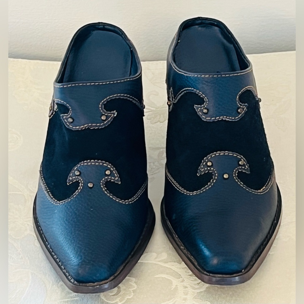 Women’s Retro Style Blue Suede And Leather Western Mules With 3” Heel Size 7 - Picture 3 of 11